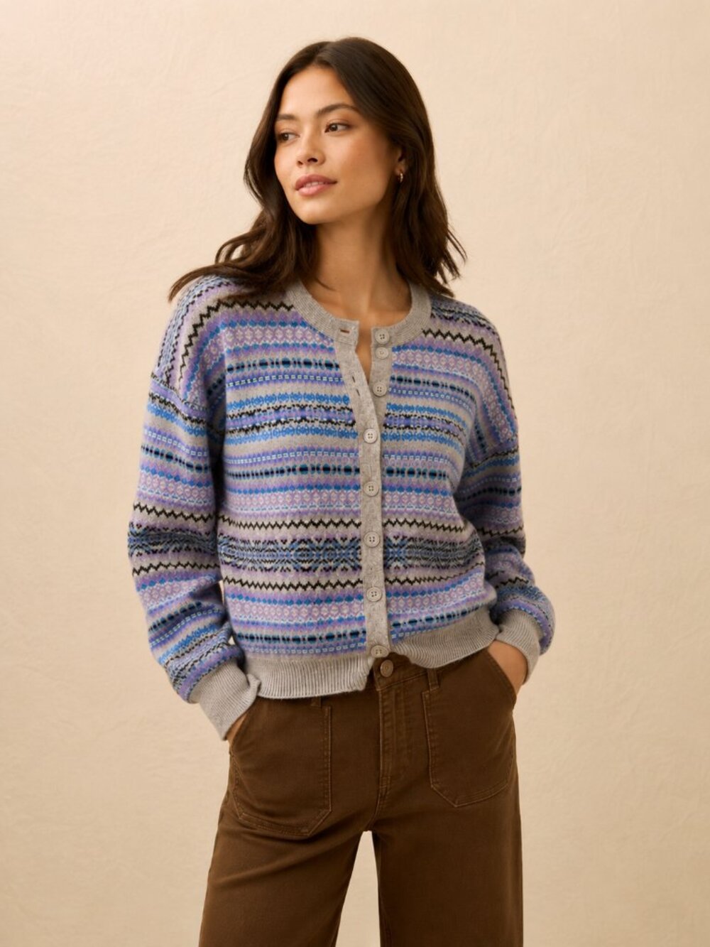Talbots Lavender Blue Grey Crewneck Fairisle Cardigan XL